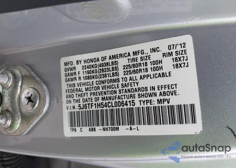 2012 Honda Crosstour Ex-L from USA, damaged, VIN 5J6TF1H54CL006415